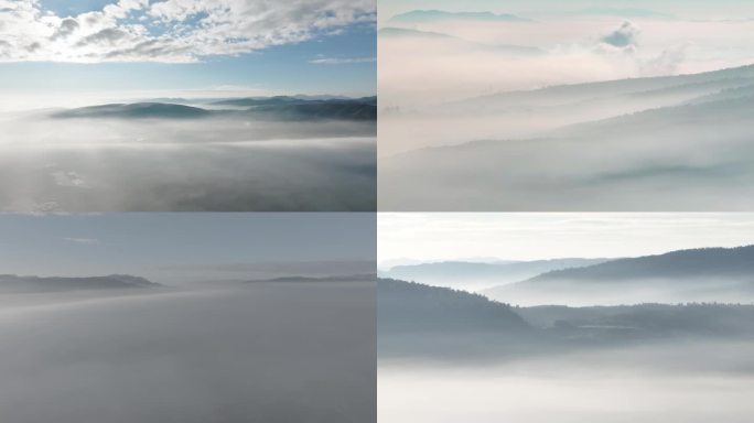 航拍大自然早晨云层之上云雾山间带灰片