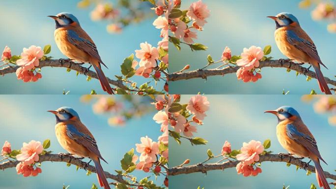 春天桃花树枝上的鸟 特写