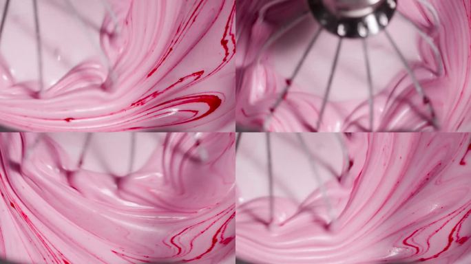 在白色奶油中加入粉色，形成粉色奶油。