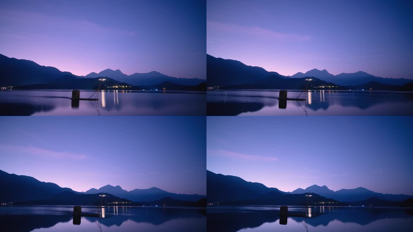 日出前，码头上的湖和山的景色。
