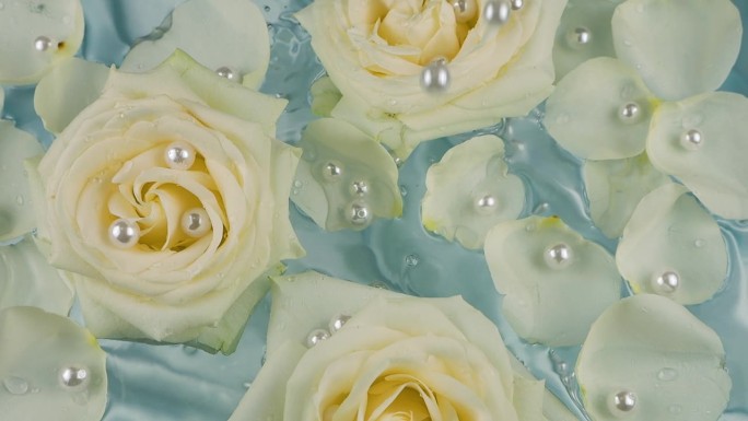 珍珠落在奢华的浅蓝色花朵和漂浮在水面上的白色玫瑰花瓣的背景上。缓慢的运动。