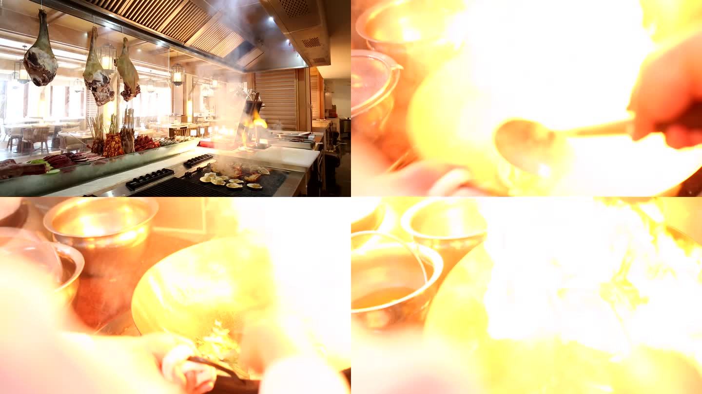 高端酒店厨房大厨喷火做饭做菜厨师烧烤