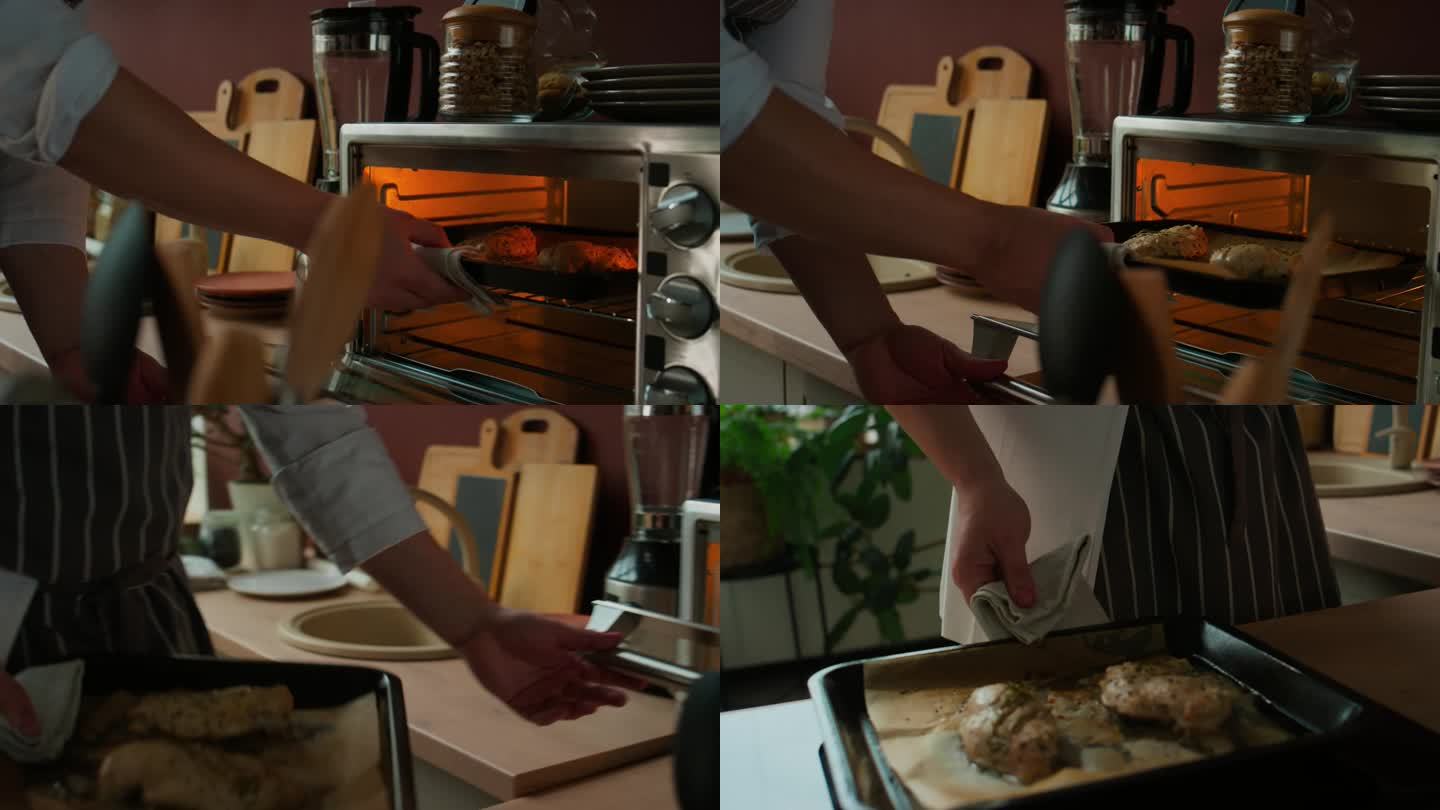 厨师从迷你电烤箱中取出烤鸡胸片