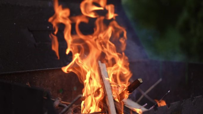 特写镜头。在烧烤架上燃烧原木产生的火。