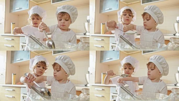 初出苗头的面包师:孩子们测量和加入面粉，以慢动作烘焙