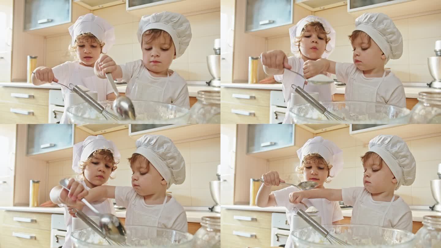 初出苗头的面包师:孩子们测量和加入面粉，以慢动作烘焙