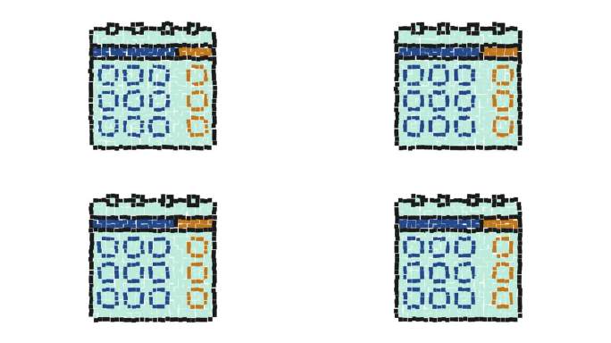 动画像素图标。纸质挂历。标记日历上的星期、月。简单的复古游戏循环视频孤立在白色上