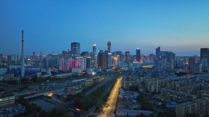辽宁沈阳城市夜景马路与地标高楼航拍