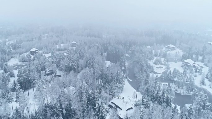 私人庄园和森林被雪覆盖，无人机在雾天的航拍视图