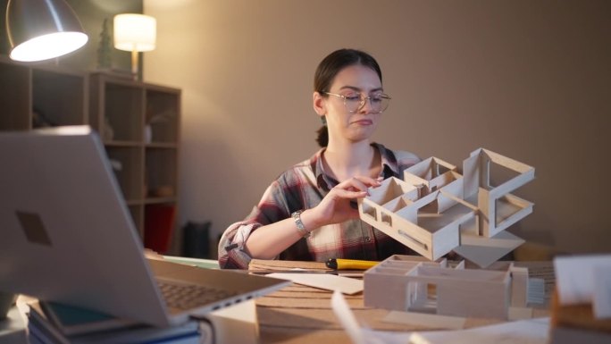 年轻的女建筑师在她的家庭办公室里制作现代住宅的建筑模型