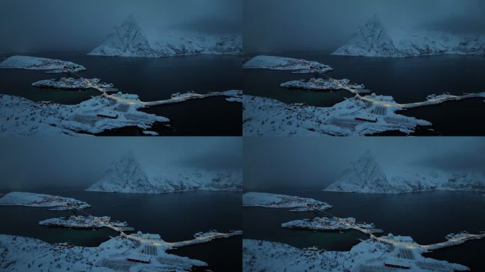挪威罗弗敦群岛北极圈雷纳冬季雪景高空航拍