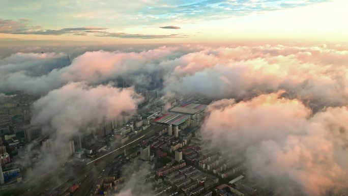 辽宁沈阳城市日出云海航拍