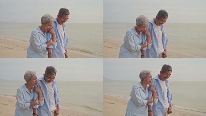 老年夫妇在海滩上享受时光。