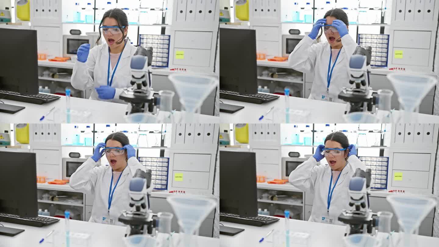 实验室里年轻漂亮的西班牙女科学家，戴着安全眼镜，一脸惊讶，张着难以置信的嘴巴，完全惊讶和害怕。