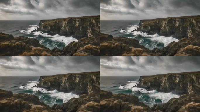 暴风雨的海浪拍打着岩石海岸