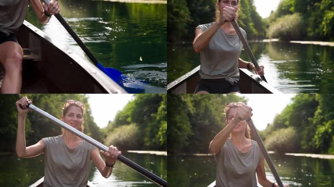 年轻女子乘独木舟探索美丽的大自然