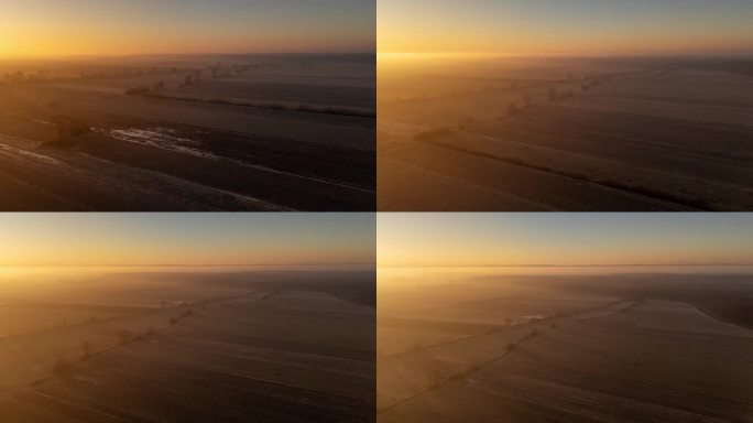 无人机在日出时拍摄冬季农田作物上的雾