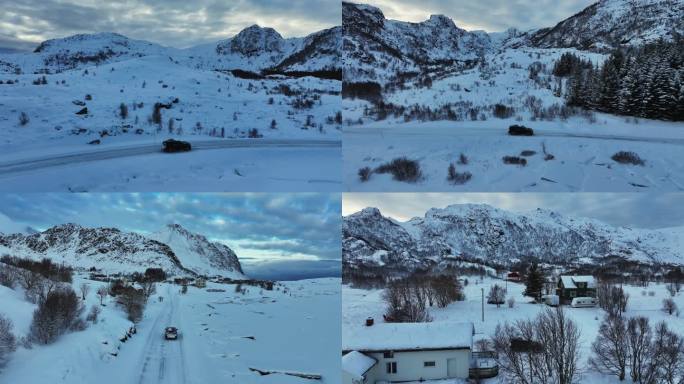 挪威罗弗敦群岛北极圈跟车冬季雪景高空航拍