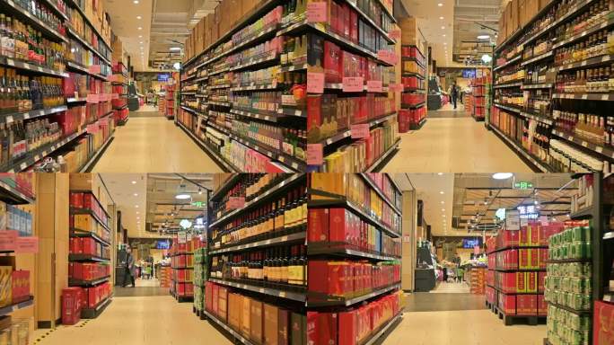 超市空镜头-红酒，白酒，啤酒，包装酒货架