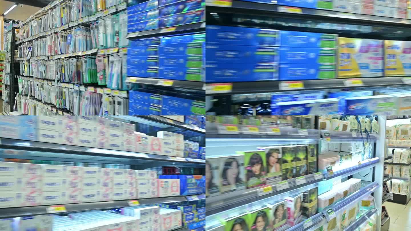 超市空镜头-牙膏，牙刷，男士护理，货架