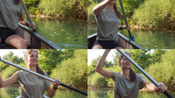 年轻女子在独木舟上享受完美的夏日