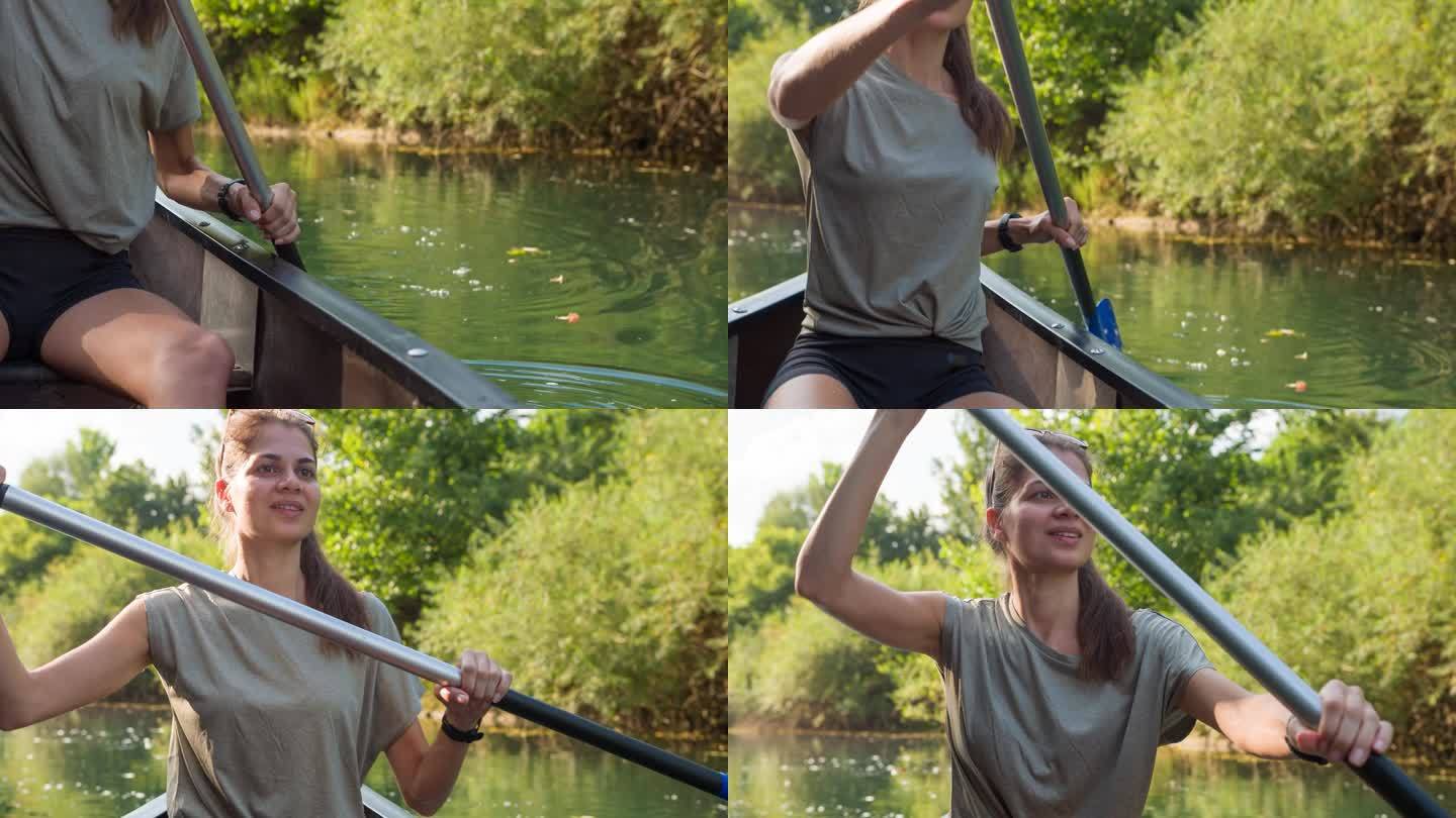 年轻女子在独木舟上享受完美的夏日