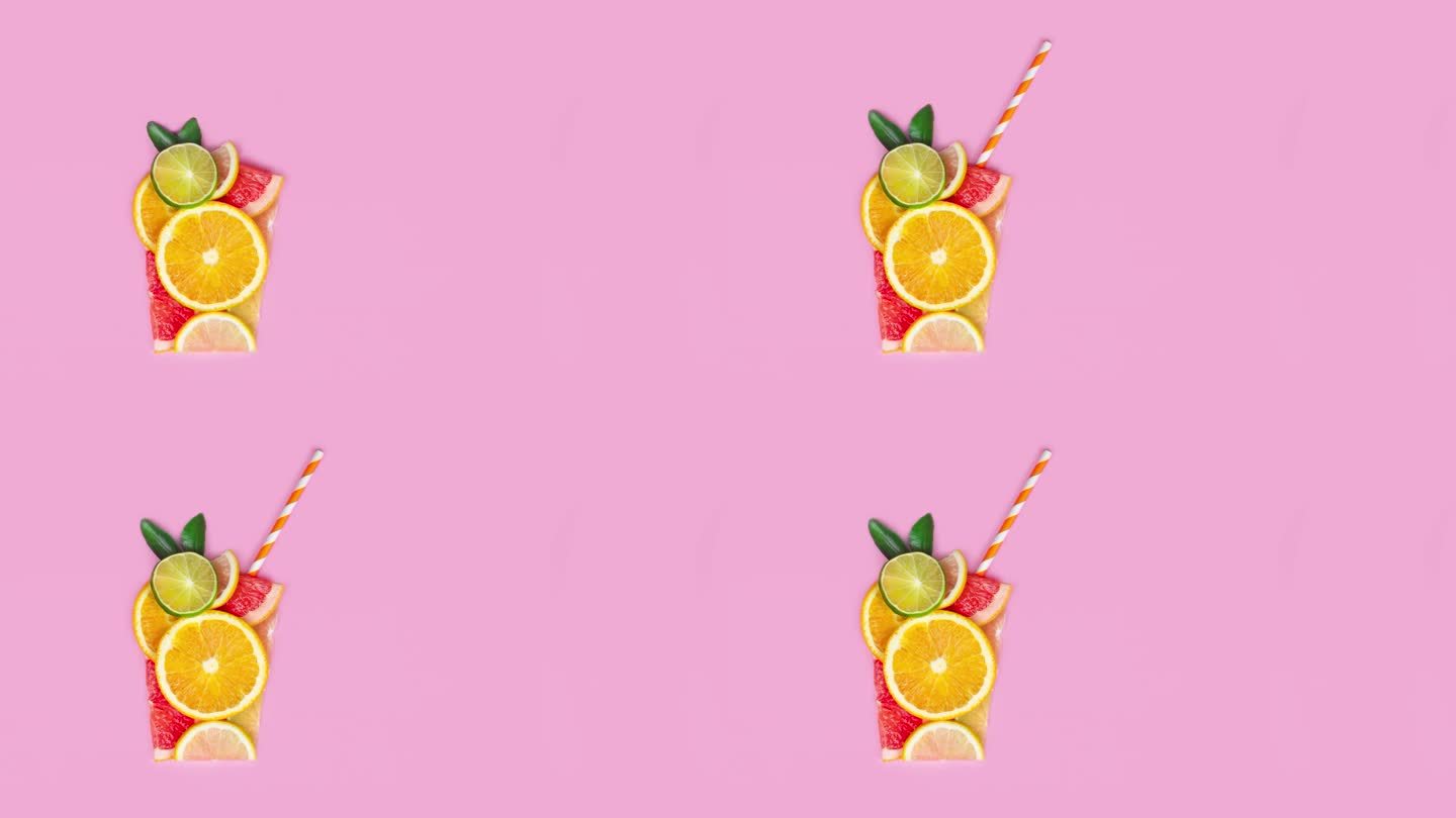 创意平面果汁概念。切片柑橘橙，酸橙，葡萄柚，柠檬，果汁水果使玻璃形状平坦奠定粉红色背景视频定格动画复