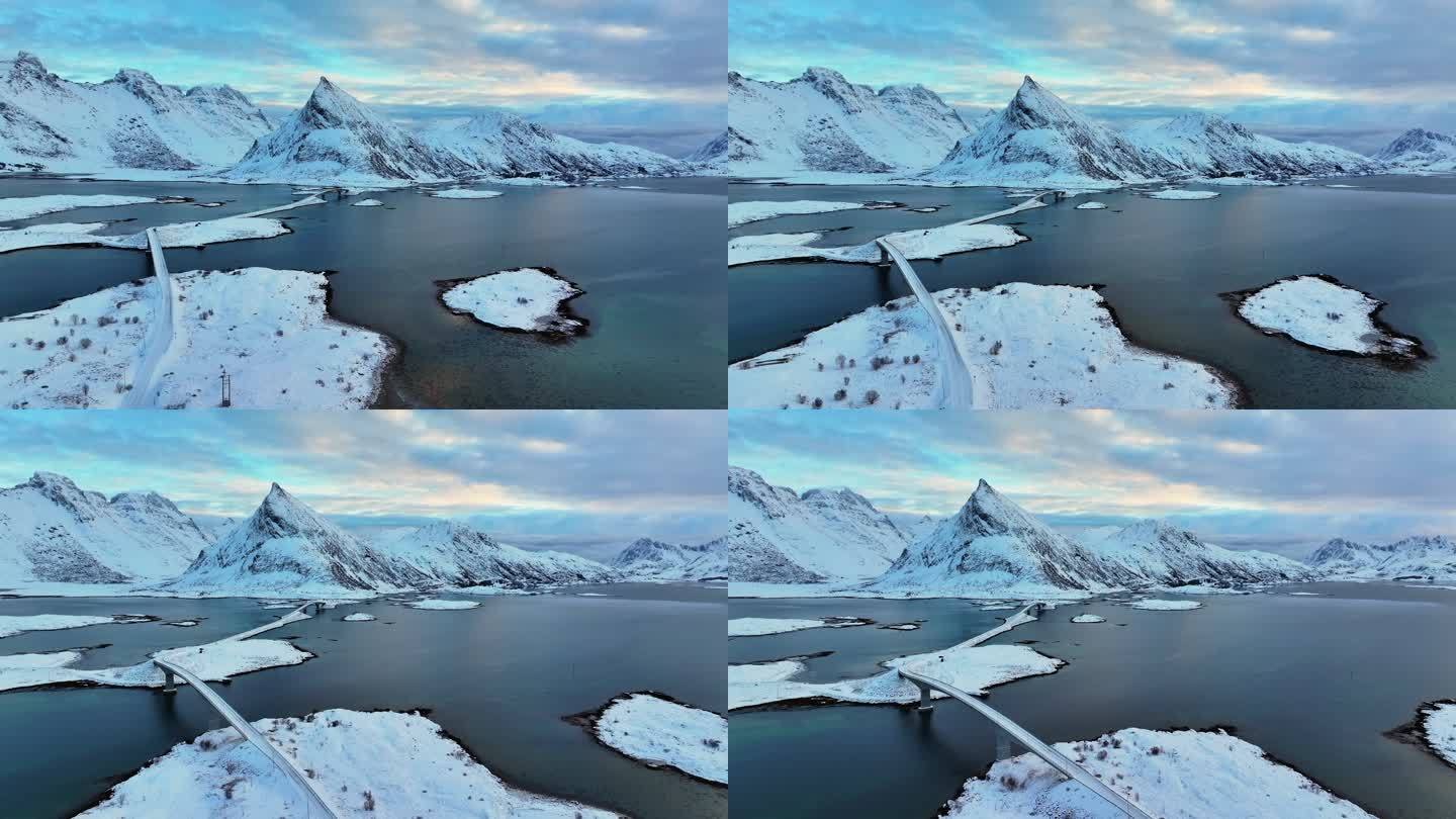 挪威罗弗敦群岛北极圈雷纳冬季雪景高空航拍