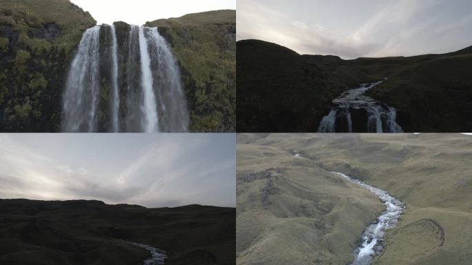 冰岛苔原黑色山脉瀑布空镜 绝美风光航拍