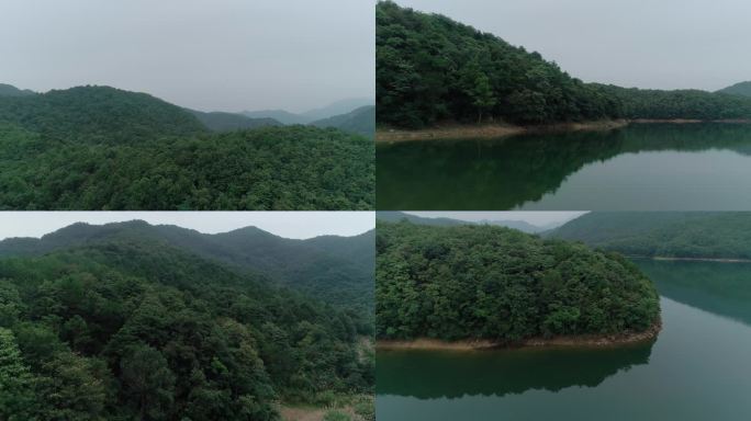 航拍浙江东阳游鱼水库横店湖湖泊岛屿森林