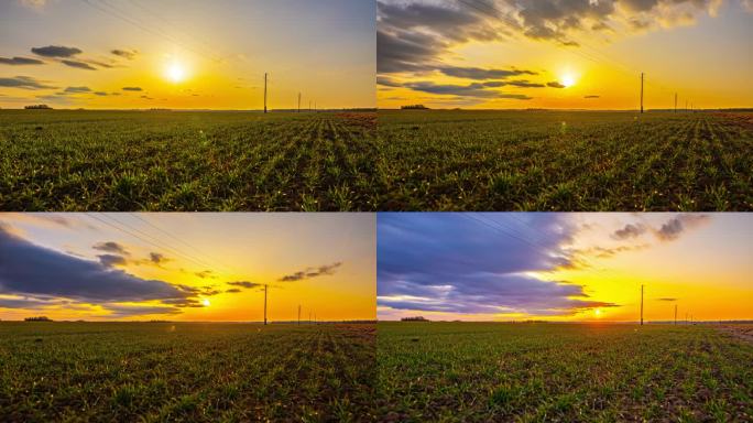 农田上五彩天空的日落景象。间隔拍摄