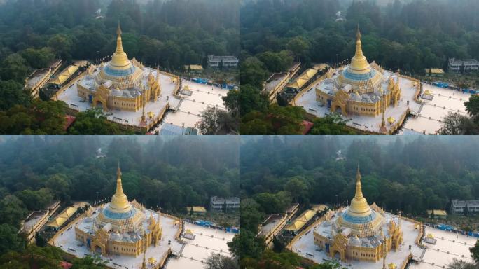 空中无人机拍摄的蓝毗尼自然公园的金塔佛寺或印尼北苏门答腊Berastagi的Desa Dolat R