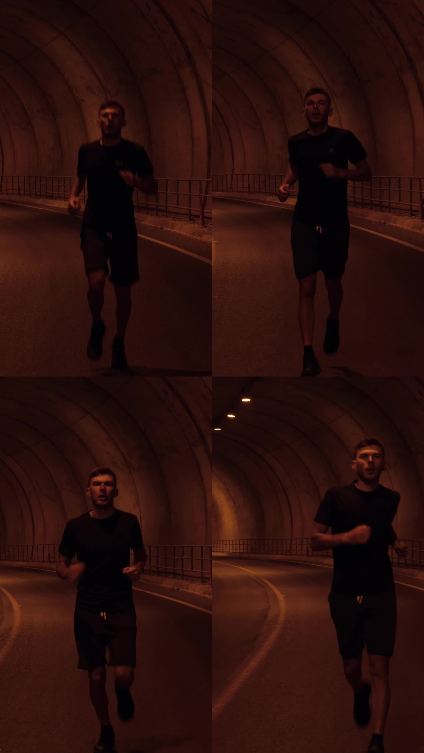 运行的概念。一个好动的男人在隧道里奔跑。垂直视频