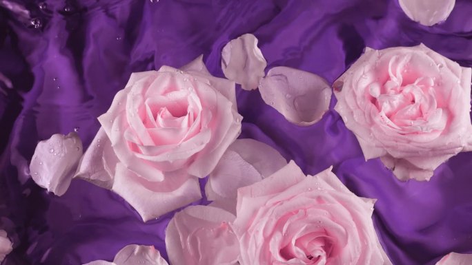 粉红色玫瑰的花朵和花瓣漂浮在深紫色的丝绸背景上，在水面上荡漾。