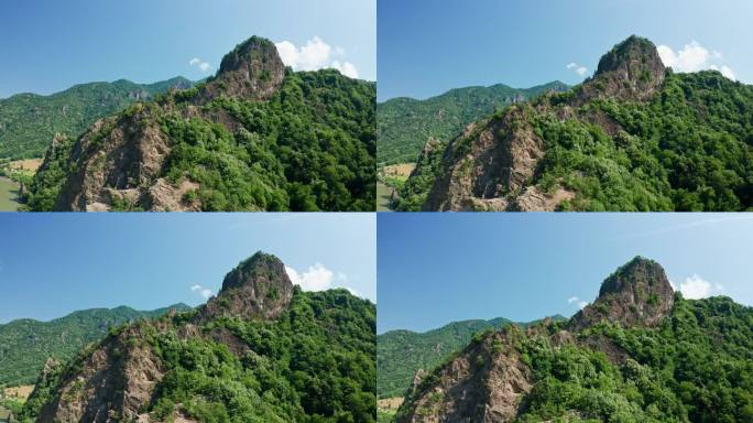 科齐亚山脉Pietrele Rosiei峰郁郁葱葱的绿色植物，天空晴朗