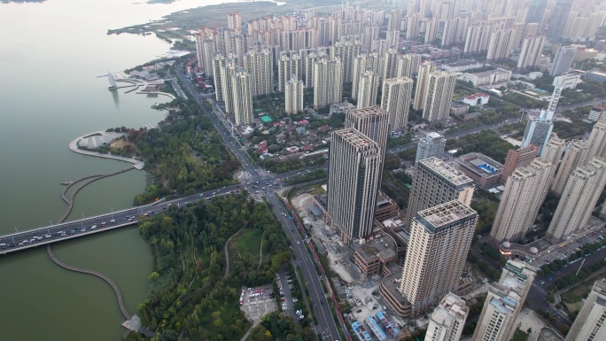 蚌埠城市风光夕阳日落街景城市建筑龙子湖航