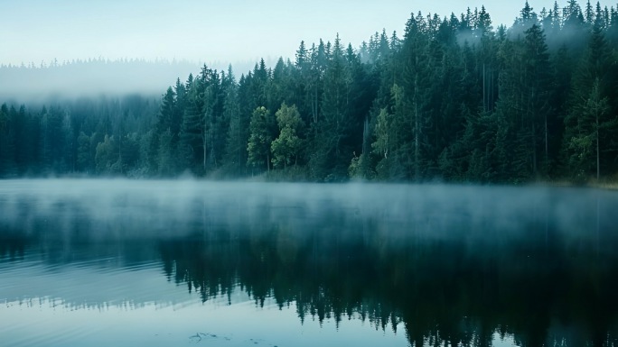 大自然森林溪流湖水清晨云雾