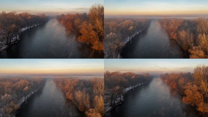 无人机在Mura河和冬季树木上拍摄雾