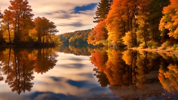 宁静的秋湖风光与生动的秋叶