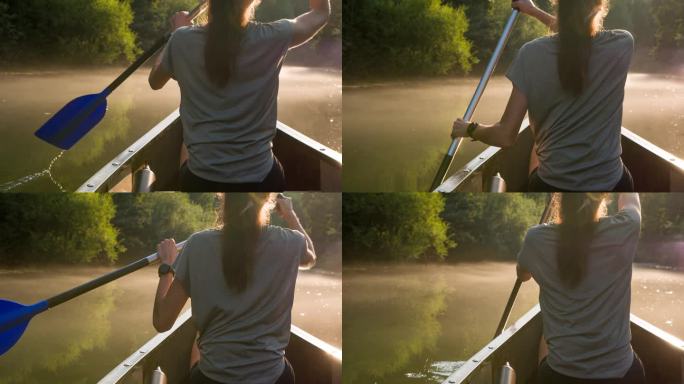 活跃的年轻女子在黄昏时在薄雾笼罩的河流上划着独木舟