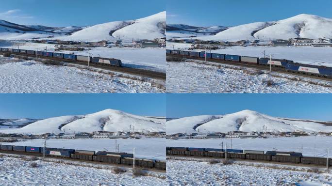 雪原铁路上行驶的货运列车