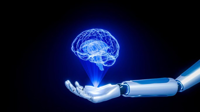 医疗技术，扫描或全息投影与机械臂或机器人和人工智能。健康问题，人脑，x光，投影。三维渲染
