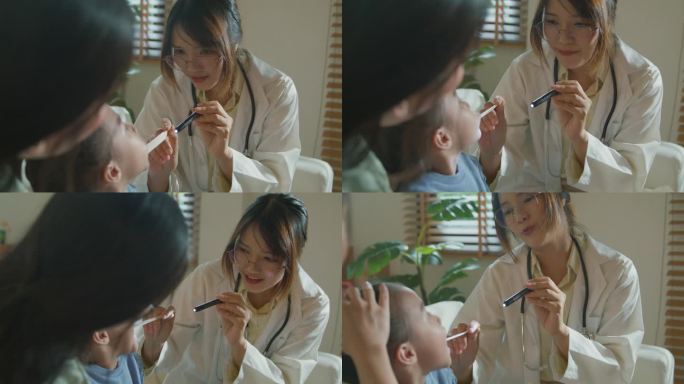 一位女医生在家里为一个生病发高烧的女孩检查口腔和喉咙。生病女孩因为身体状况和家庭健康和她妈妈住在一起