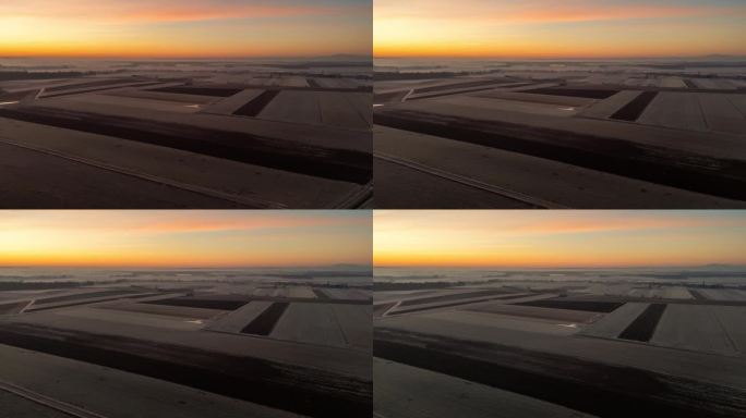 平移无人机拍摄霜冻在农村农田作物在黎明
