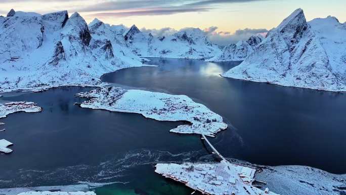 挪威罗弗敦群岛北极圈雷纳冬季雪景航拍合集