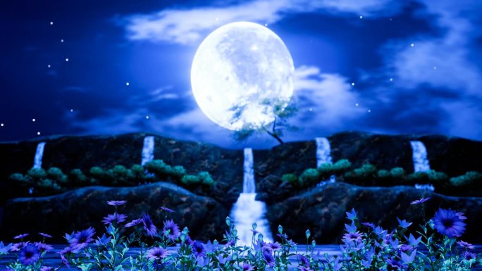 瀑布的悬崖。满月之夜。蓝色的基调。森林自然。山脉和瀑布。在夜晚发光。幻想风格。3 d渲染。