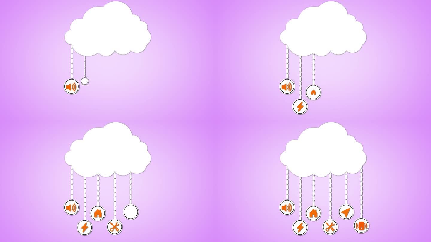 云图形与图标代表火闪电和警告标志悬挂魅力动画在紫色的背景。