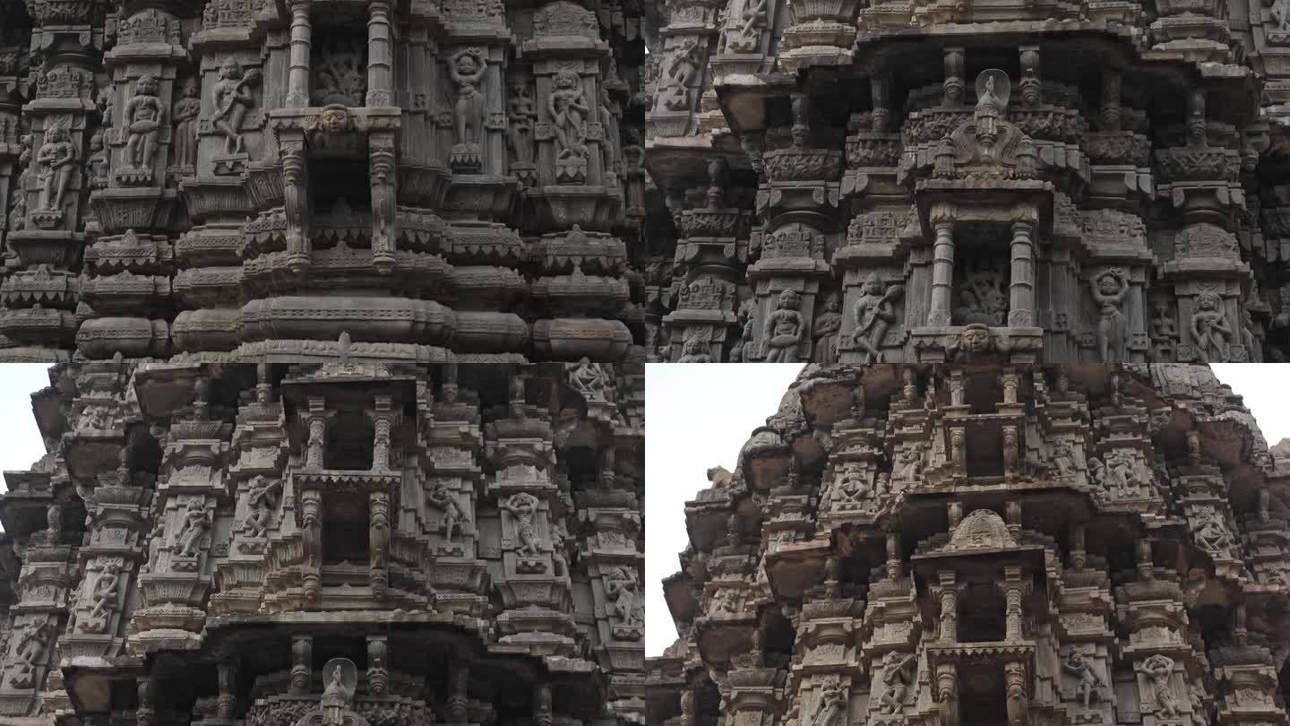 印度神庙，美丽的砂岩雕刻的女性女神和神灵雕刻在寺庙的外墙