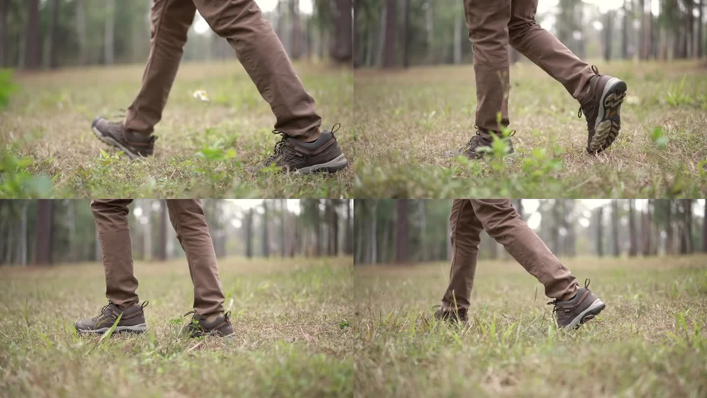 在松林的草地上行走的徒步旅行者的脚的特写