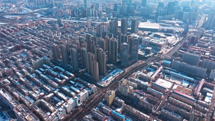 辽宁沈阳皇姑区北陵大街冬季城市雪景航拍